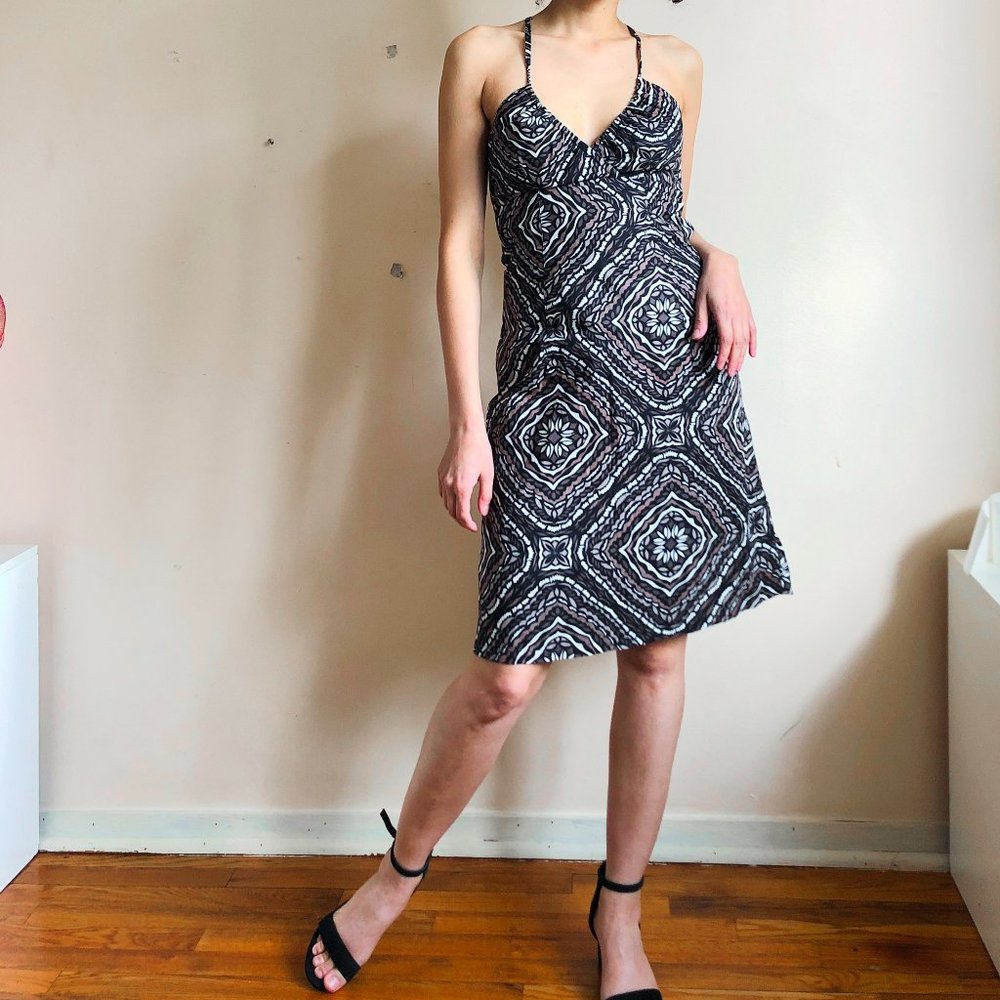 deep V-neck brown abstract midi dress